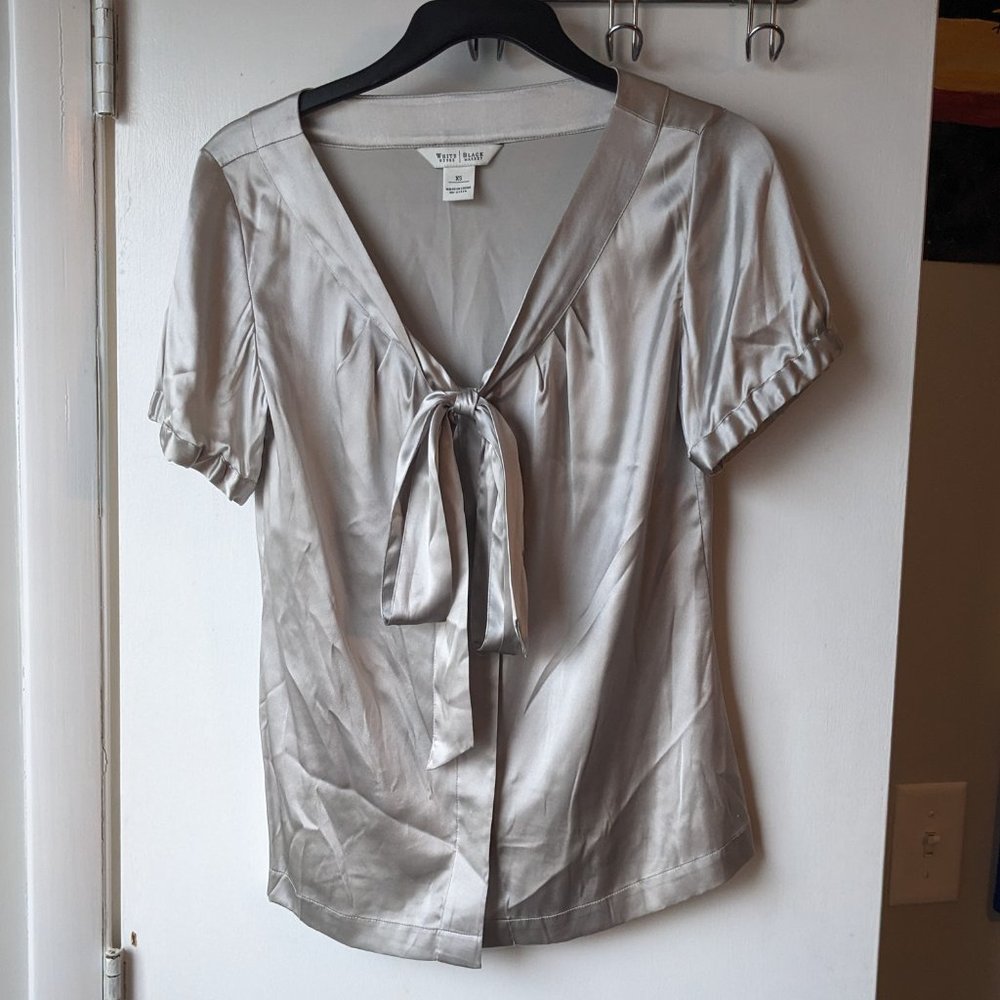 Vince Camuto Silver Satin Tie-Neck Blouse